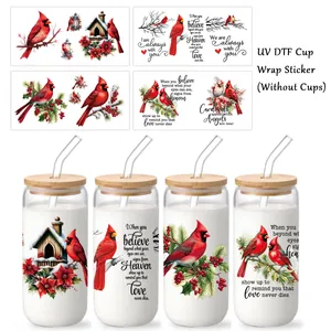 Lot de 4 autocollants UV DTF d'oiseaux de Noël rouges pour décoration de verres d'hiver