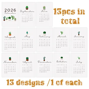 Detailoverzicht van 13-delige kalenderkaarten 2026 met minimalistische cactusillustraties