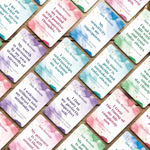 Set of 60 colorful watercolor daily reminder cards with inspirational quotes on wood
