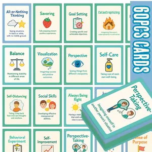 Set of 60 DBT therapy education cards for kids with cartoon illustrations and light green borders