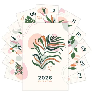 Detailed stack of 2026 calendar cards featuring minimalist green tropical leaf illustrations