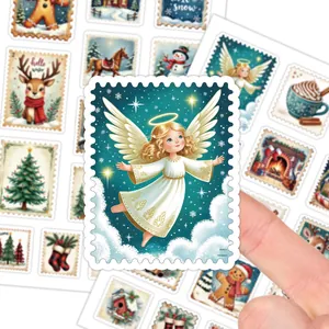Pegatinas navideñas con diseño de sello vintage y motivos de renos y ángeles