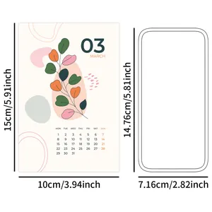 Detailed dimension guide for 2026 calendar cards with minimalist botanical patterns