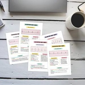 Schede di studio sul ritmo ECG su una scrivania in legno con tazza di caffè e penna