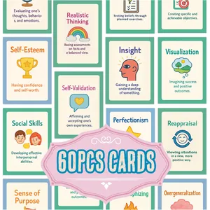Set of 60 DBT therapy educational cards for kids featuring colorful illustrations and text