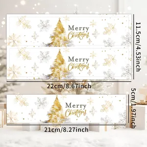 Detail van kerstflesetiketten met gouden boomontwerpen en afmetingen in millimeters