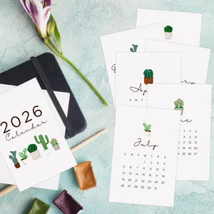 Minimalistische wandkalender 2026 kaarten met botanische succulenten en structuurpapier