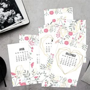 Minimalistische bloemenkalender 2026 kaarten met handgetekende bloemen voor wanddecor