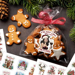 Vintage Christmas stickers set featuring festive characters and designs on holiday gift bags