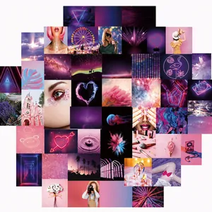 50pcs aesthetic wall collage kit in purple and pink tones with neon art prints
