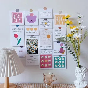 Ins style daisy floral decorative cards set for bedroom wall decor with cute bear art