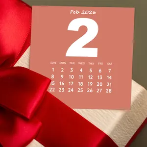 Minimalist February 2026 calendar card in red and white on a gift box for wall decor