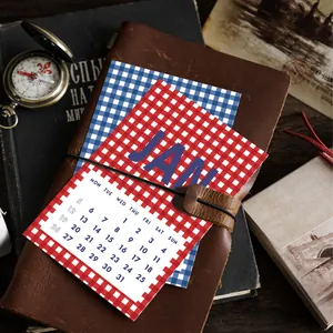 Vintage gingham kalenderkaarten 2026 set voor esthetische wanddecoratie en bureauinrichting