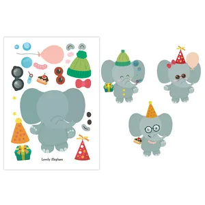 Détails d'autocollants éléphant DIY pour enfants avec accessoires de fête variés