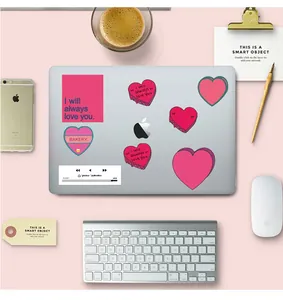 Pink heart stickers for laptop with romantic quotes and decorative aesthetic patterns