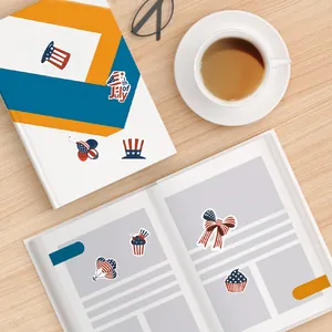 DIY American Independence Day stickers set with patriotic hat and flag on a wooden desk