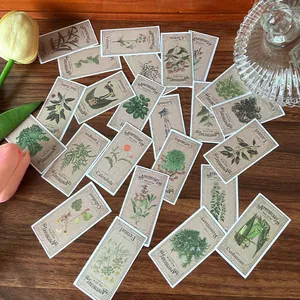 Vintage apothecary plant stickers with botanical illustrations on kraft paper background