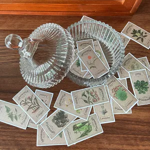 Detail of vintage ribbed glass apothecary jar with herbal plant labels on wood desk