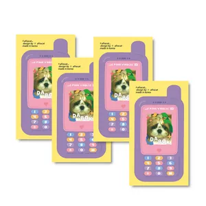 Detail of four retro style illustration stickers with cute dog and phone motifs