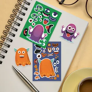 Detailed view of DIY monster puzzle sticker sheets with colorful creative mix-and-match pieces