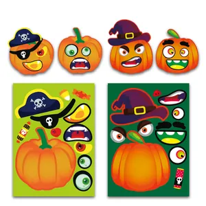 Detail of DIY Halloween pumpkin face stickers set with various hats and expressions