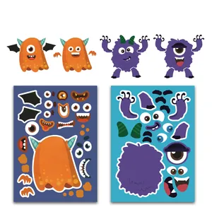 DIY Halloween monster stickers for kids featuring zombies, vampires, and pumpkin character sets