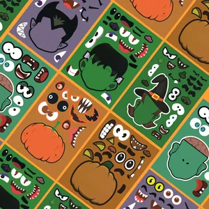 Close-up of DIY Halloween puzzle stickers featuring cartoon Frankenstein and vampire faces