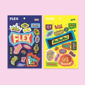 Detail van twee vellen DIY-stickers met kleurrijke tekst en grappige stripfiguren