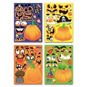 Detail of Halloween DIY pumpkin stickers with various facial expressions and hats