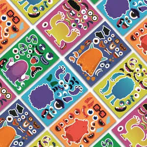 Detailed view of DIY Halloween puzzle sticker sheets with various monster body parts