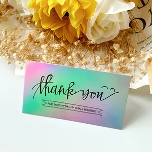 Holographic thank you cards for small business with rainbow laser finish and floral decor