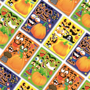 Macro detail of various colorful Halloween pumpkin DIY expression stickers and accessories