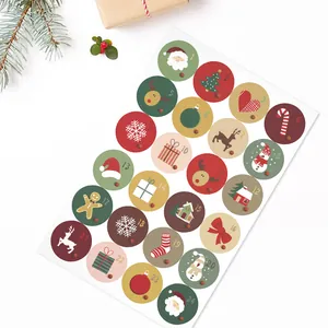 Close-up of 24 round Christmas countdown stickers with festive holiday patterns