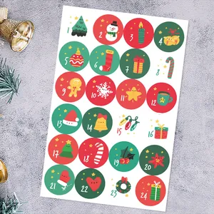 Macro detail of 24 Christmas countdown stickers with festive cartoon patterns and numbers