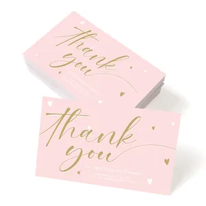 Pink and gold floral thank you cards for business packaging with heart decorations