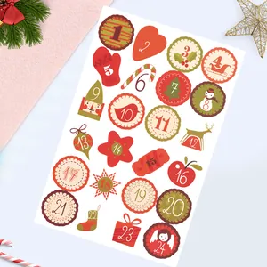 Detailed view of 24 colorful Christmas advent calendar number stickers with festive motifs