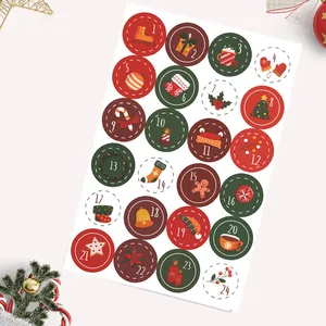 Detailed sheet of 24 Christmas advent calendar stickers with festive holiday illustrations