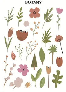 Bogen mit botanischen Aufklebern mit minimalistischen handgezeichneten Blumenmotiven