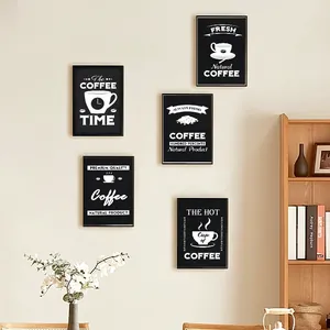 Five-piece coffee theme wall art set featuring minimalist black and white decorative cards