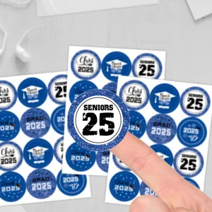 Close-up of 2025 graduation stickers for sealing gift bags and festive party favors