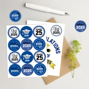 Macro detail of 2025 graduation stickers for gift seal and party decor on envelopes