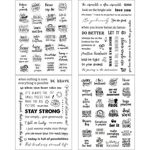 Detailed view of four sheets featuring black inspirational quote stickers for scrapbooking