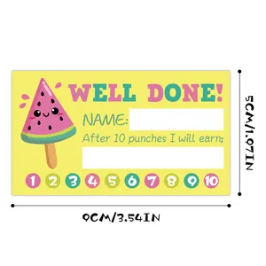 Detail of 9x5cm Well Done reward card with watermelon graphic and 10 punch holes