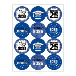 Close-up of 12 assorted Class of 2025 graduation stickers for gift seal decoration