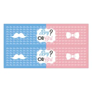 Gender reveal party water bottle labels with Boy or Girl lettering and bow icons