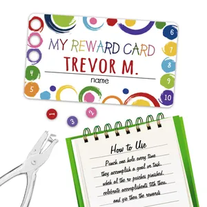 Cartoon reward card set with a metal hole puncher and instructions for classroom motivation