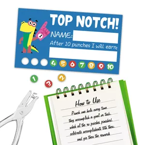Detail of dinosaur reward cards set with 10 punch holes and metal single hole puncher tool