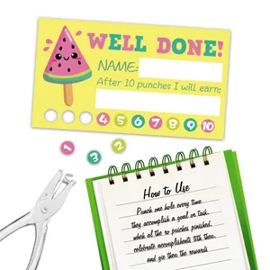 Macro view of cartoon punch cards with hole puncher for student reward system