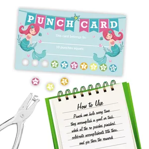 Mermaid punch cards for reward systems with a metal single hole puncher tool