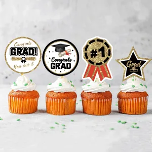 Black and gold Graduation cupcake toppers with Congrats Grad text and glitter accents